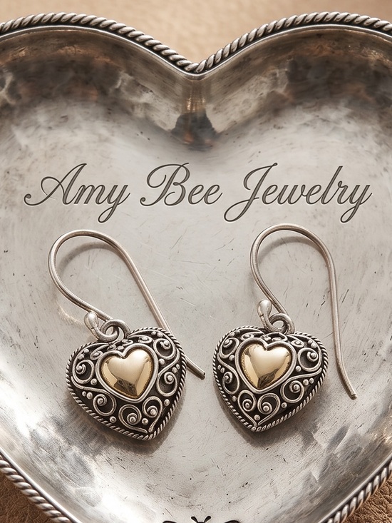 Amy Bee Jewelry Jewelry - Gold Plated Heart Drop Earrings — Gold & Silver Filigree. New.